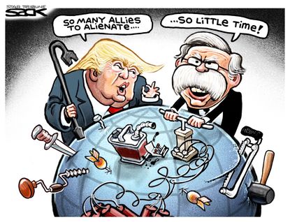 Political cartoon U.S. Trump John Bolton Iran nuclear deal allies