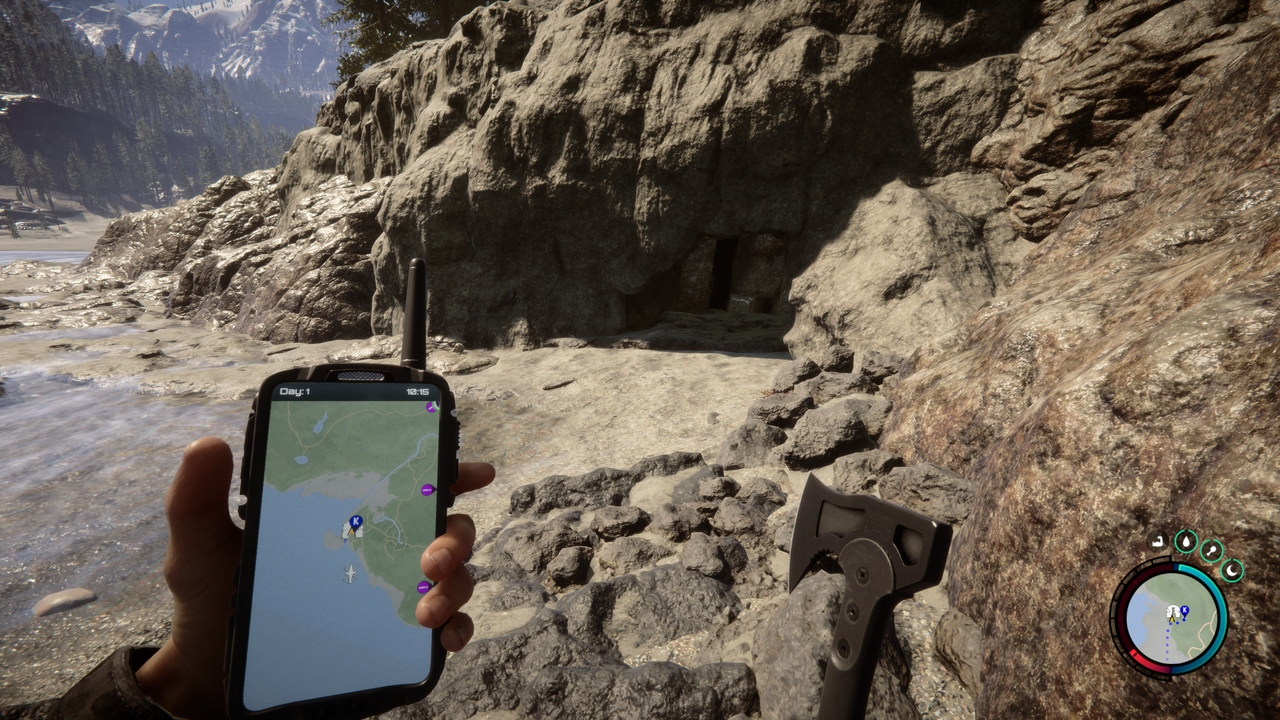 Sons of the Forest - a player holds a GPS map showing their location on the north beath while looking at a cave entrance.