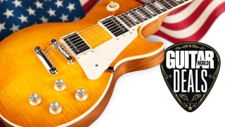 Gibson Les Paul Standard '60s AAA Flame Top on an American flag background