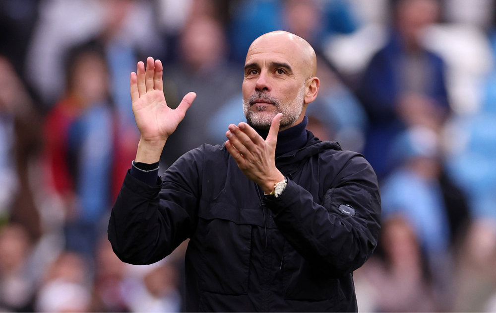 Pep Guardiola, Manager of Manchester City, acknowledges the fans following the Premier League match between Manchester City and Brentford at Etihad Stadium on May 09, 2026 in Manchester, England.