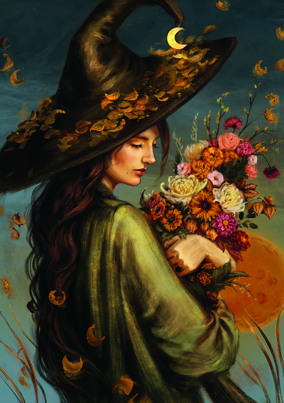 Artist portrait; a witch holds a bunch of flowers