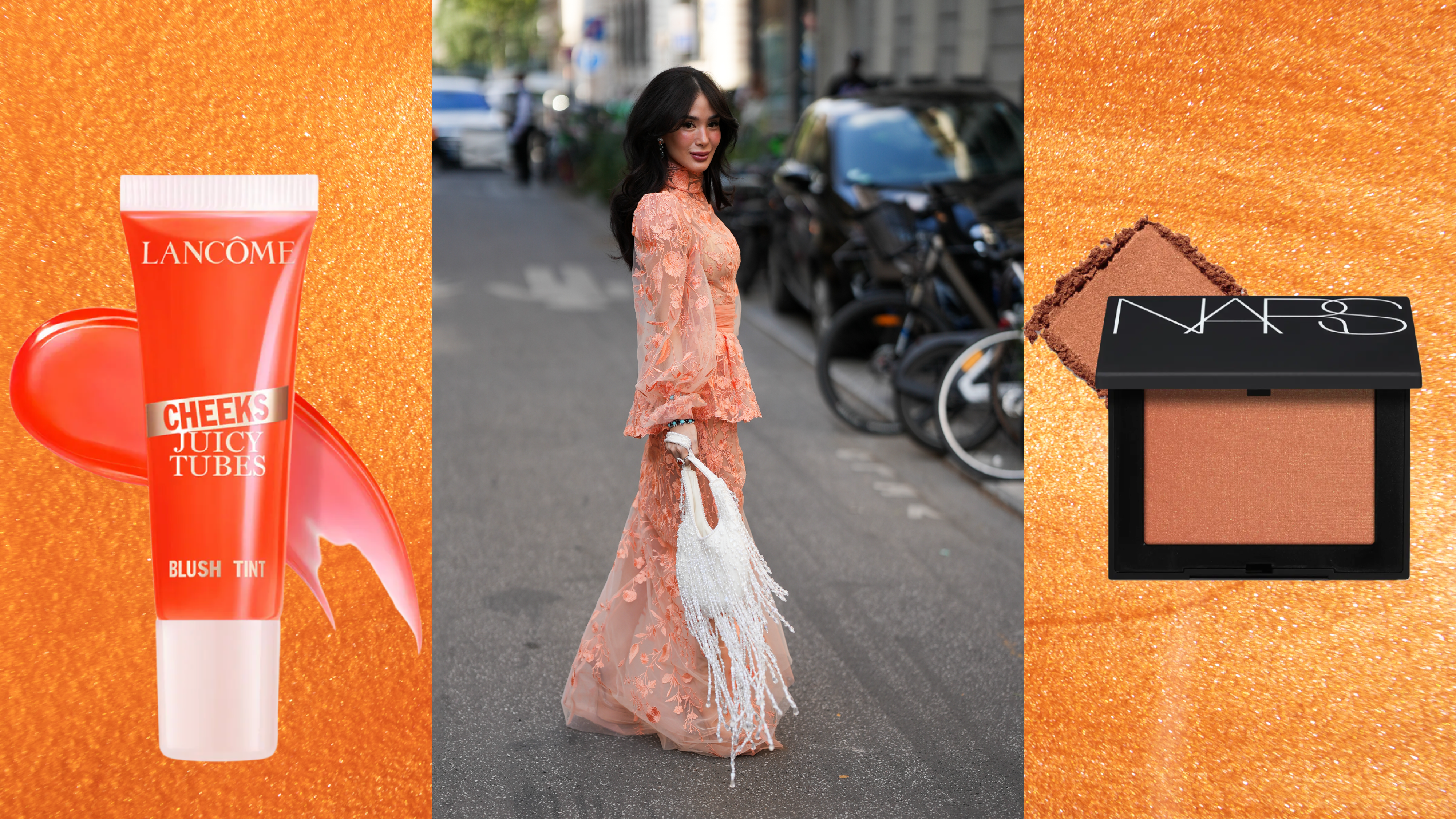A woman wearing an orange dress and holding a white bag is looking over her shoulder. She is next to 2 bottles of orange blush.