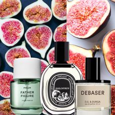 a background with fig fruits and three glass bottles of fragrance with black labels