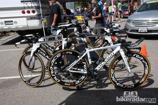 Most Novo Nordisk riders were on Colnago time trial rigs, but Fabio Calabria rode a modified road bike