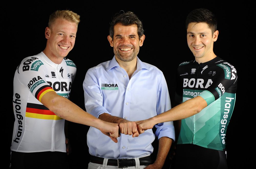 Bora-Hansgrohe team manager Ralph Denk with Pascal Ackermann and Emanuel Buchmann