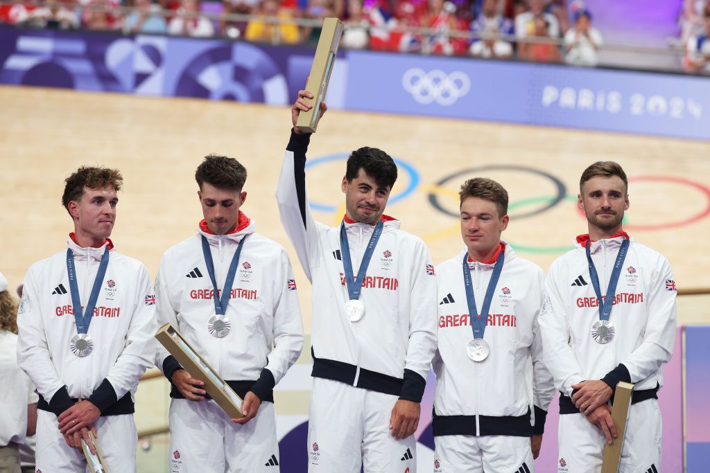 PARIS FRANCE AUGUST 07 Silver medalists Ethan Hayter Daniel Bigham Charlie Tanfield Ethan Vernon Oliver Wood of Team Great Britain pose on the podium the after the Mens Team Pursuit Finals on day twelve of the Olympic Games Paris 2024 at SaintQuentinenYvelines Velodrome on August 07 2024 in Paris France Photo by Jared C TiltonGetty Images