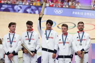 PARIS FRANCE AUGUST 07 Silver medalists Ethan Hayter Daniel Bigham Charlie Tanfield Ethan Vernon Oliver Wood of Team Great Britain pose on the podium the after the Mens Team Pursuit Finals on day twelve of the Olympic Games Paris 2024 at SaintQuentinenYvelines Velodrome on August 07 2024 in Paris France Photo by Jared C TiltonGetty Images