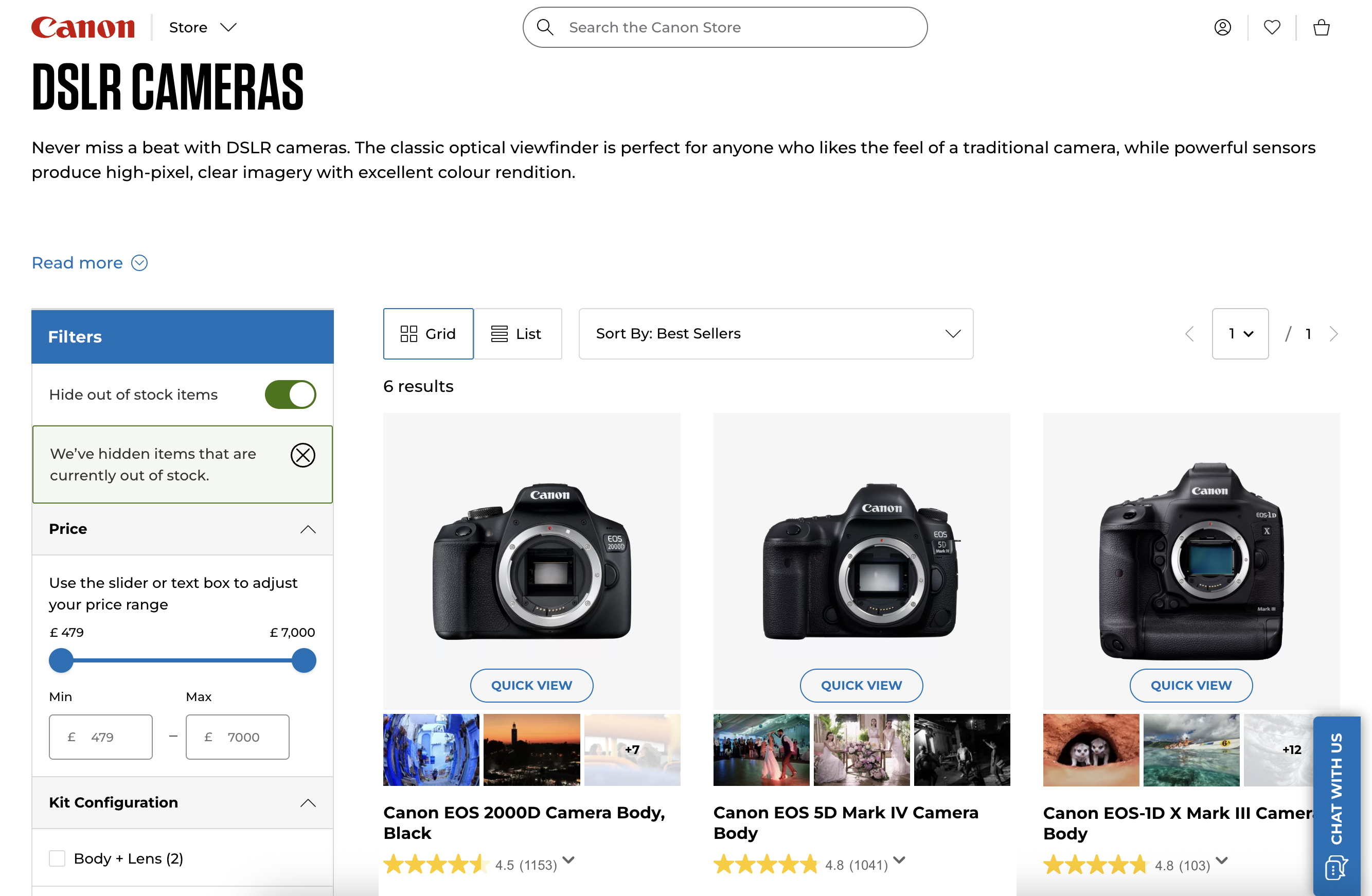 Canon DSLRs listed on the Canon UK webstore