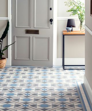 Victorian hallway tiles in a modern blue and grey colorway