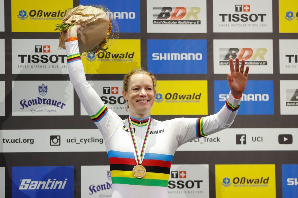 Gold medalist Netherlands Kirsten Wild celebrates on the the podium after the womens 10 km scratch race final at the UCI track cycling World Championship in Berlin on February 26 2020 Photo by Odd ANDERSEN AFP Photo by ODD ANDERSENAFP via Getty Images