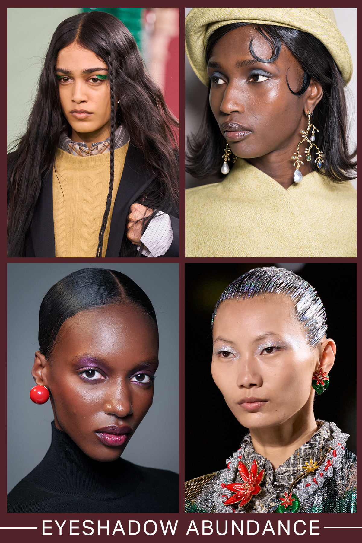 A collage of bold eyeshadow looks from the AW26 runways