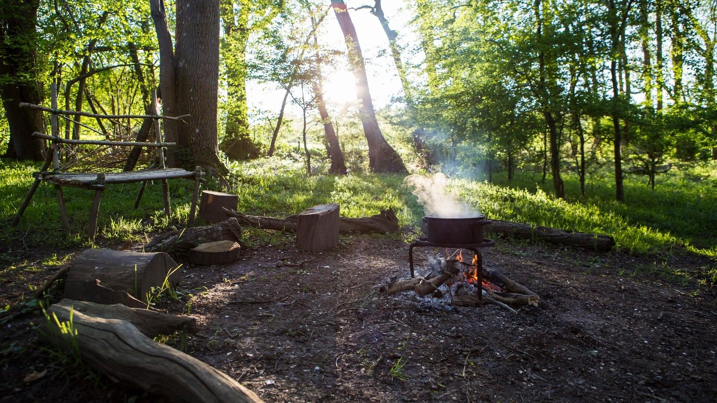 Cooking over a campfire in a woodland in Kent, UK