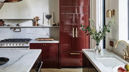 A red cabinet painted in high gloss paint