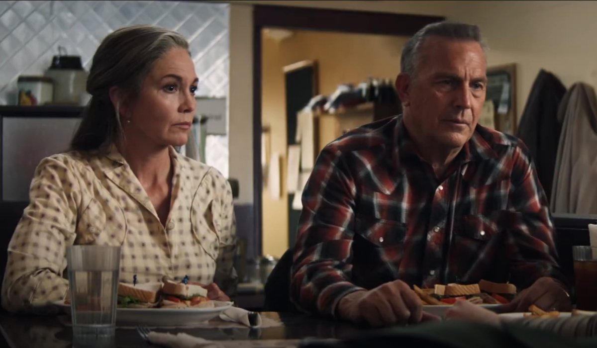 Diane Lane and Kevin Costner having a meal at the diner in Let Him Go.