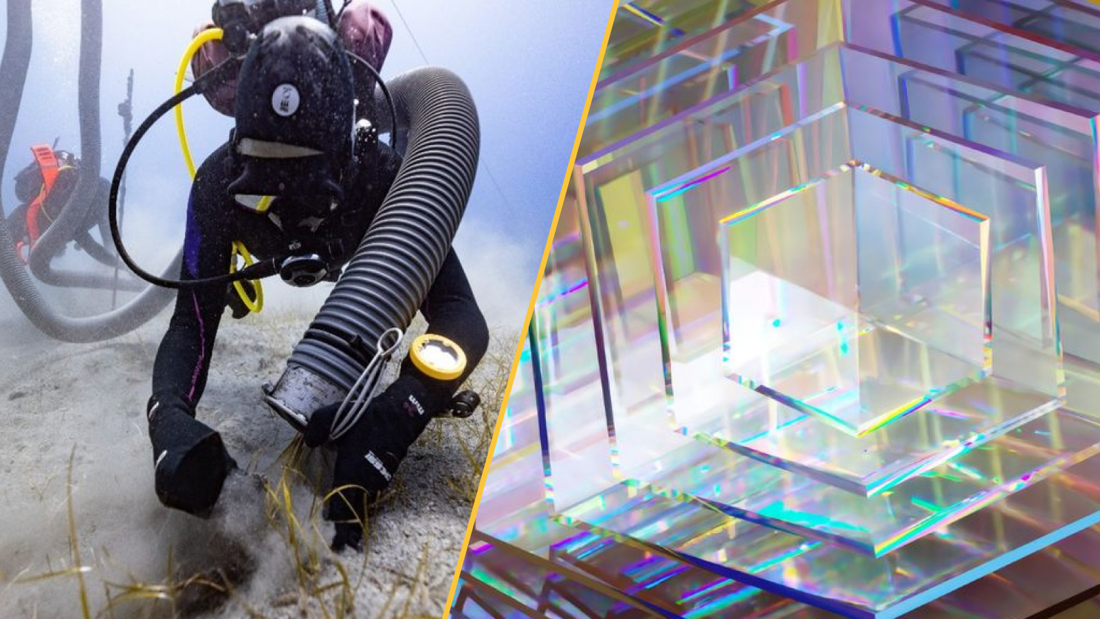 A diver searches a silty ocean floor (left) and an artist's illustration of an iridescent hexagonal diamond (right).