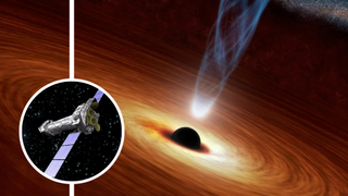 (Main) An illustration of a feeding supermassive black hole "burping" jets of high-speed matter (Inset) the XMM-Newton spacecraft