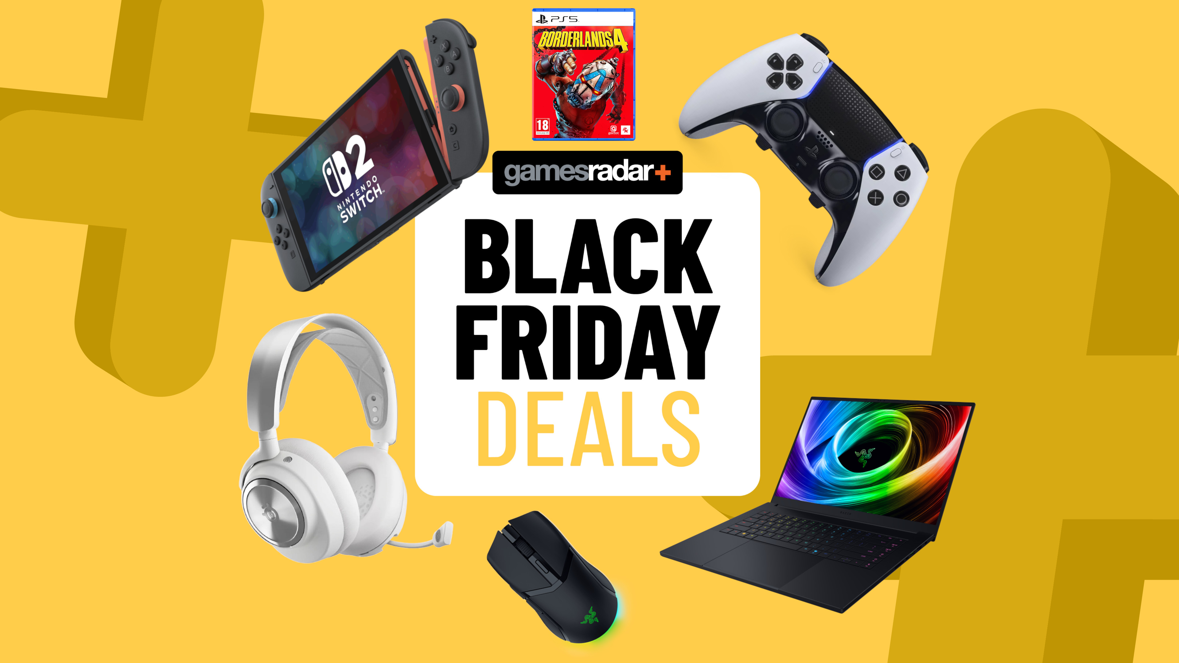 PS5, Nintendo Switch, and Xbox accessories on a yellow background with Black Friday deals badge