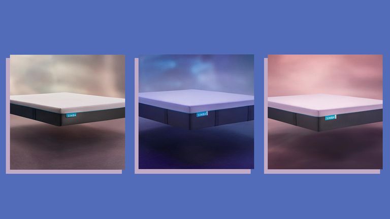 a collage of three Simba mattresses - that are all in Simba mattress sales - on a blue background