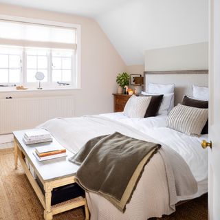 neutral bedroom with white bedding and soft velvet throw