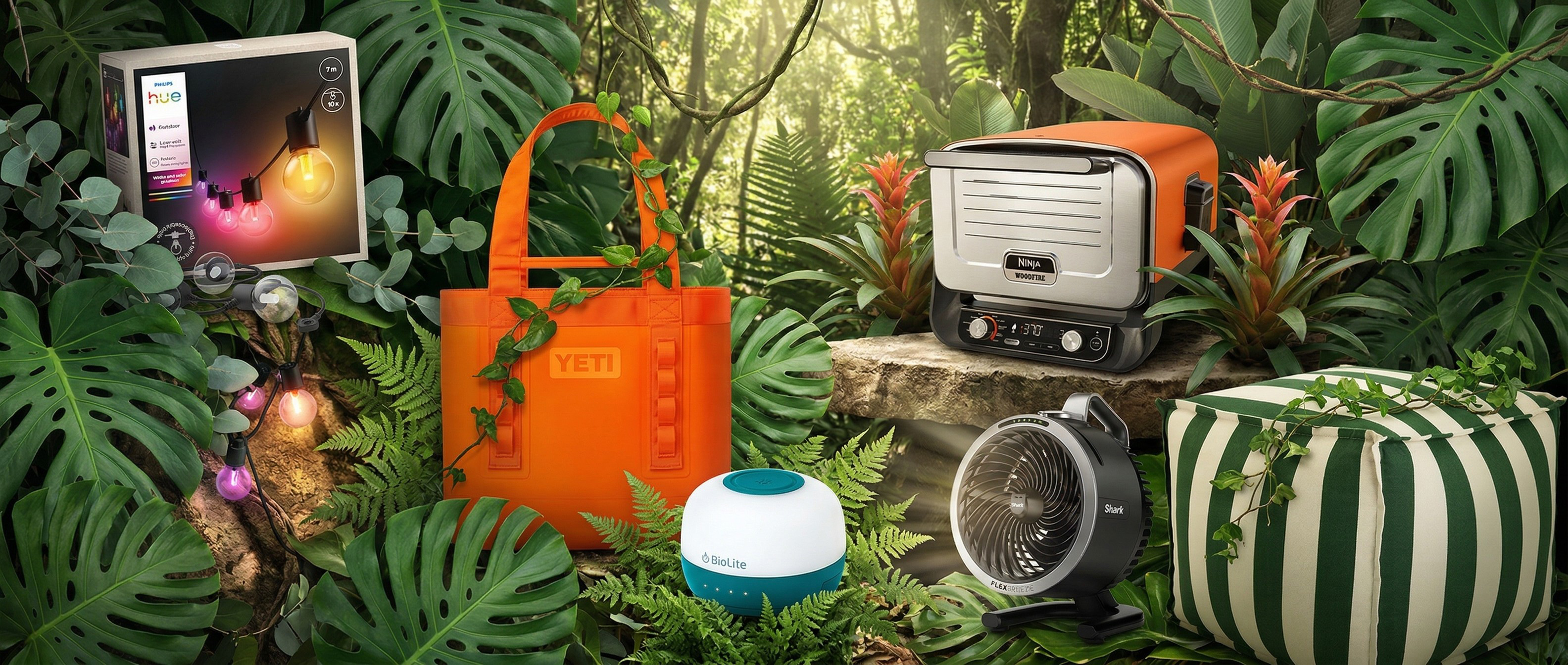 Selection of outdoor tech and decoration in some jungle style foliage