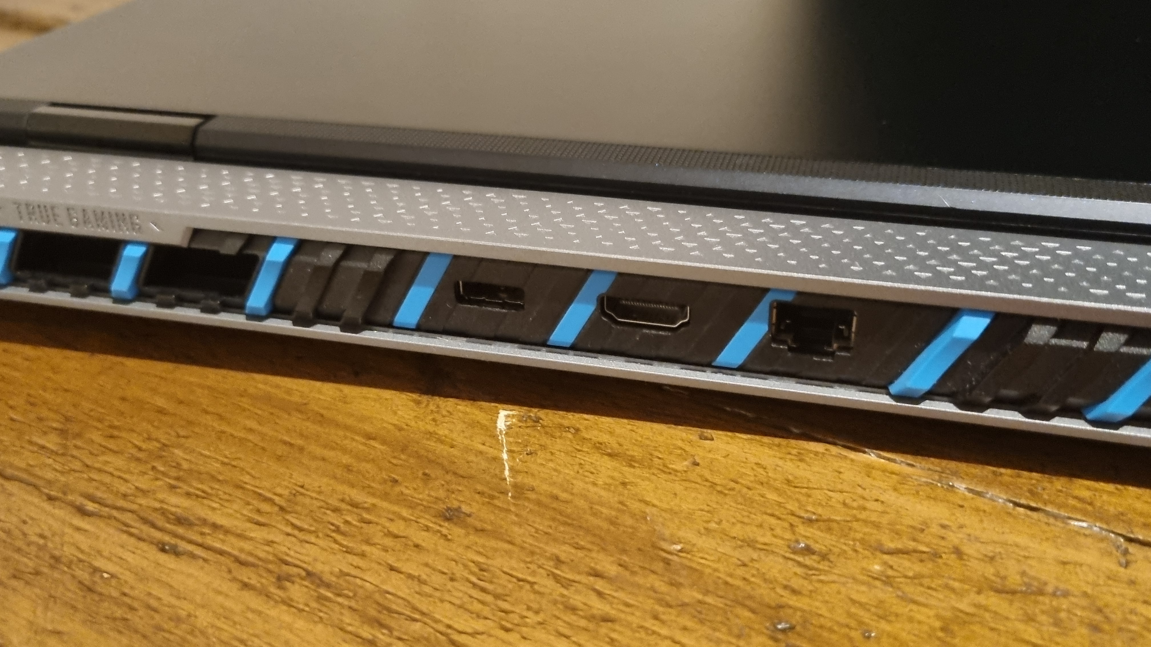 The baby blue venting inserts on the back of the MSI Titan 18 HX.