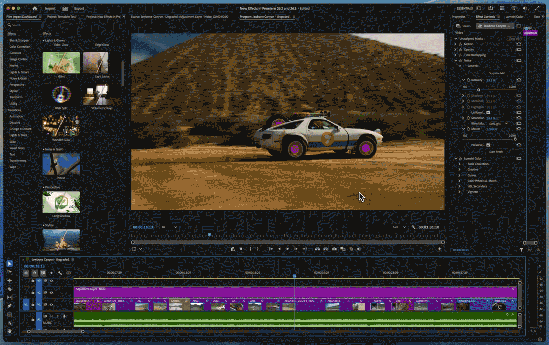 A GIF showing the new grain FX option inside Adobe Premiere
