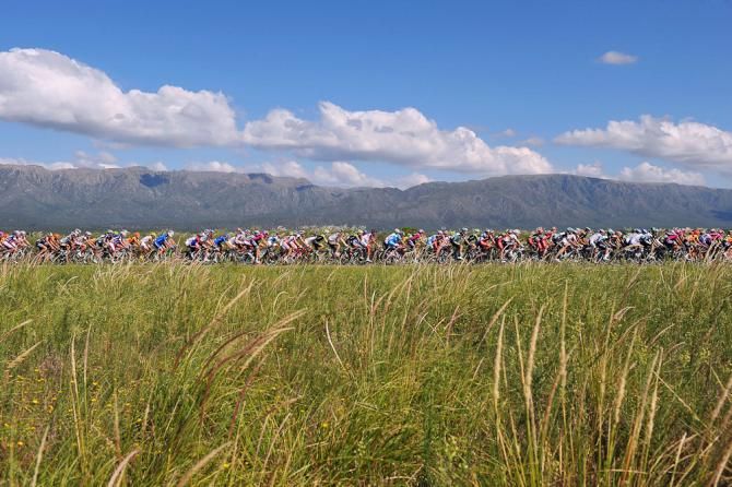 The peloton rides with the mountains in the background.
