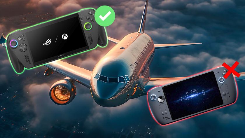 A commercial airplane flying through the air. On top of it is an Xbox Ally X with a green checkmark next to it and an AYANEO NEXT II with a red X next to it. 