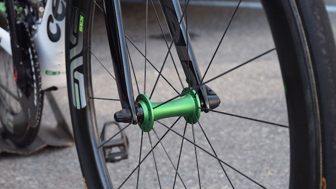 Cavendish's ENVE wheels use Chris King R45 hubs in emerald green to match the Dimension Data team colours