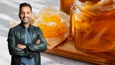 Dr Amir Khan next to jar of local honey, busting myths on how to prevent hay fever