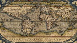 A map of the world created by Abraham Ortelius in 1570 showing sea-monsters in unexplored regions of the sea