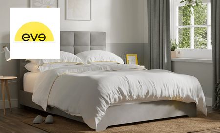 Eve sleep grey bed with white bedding