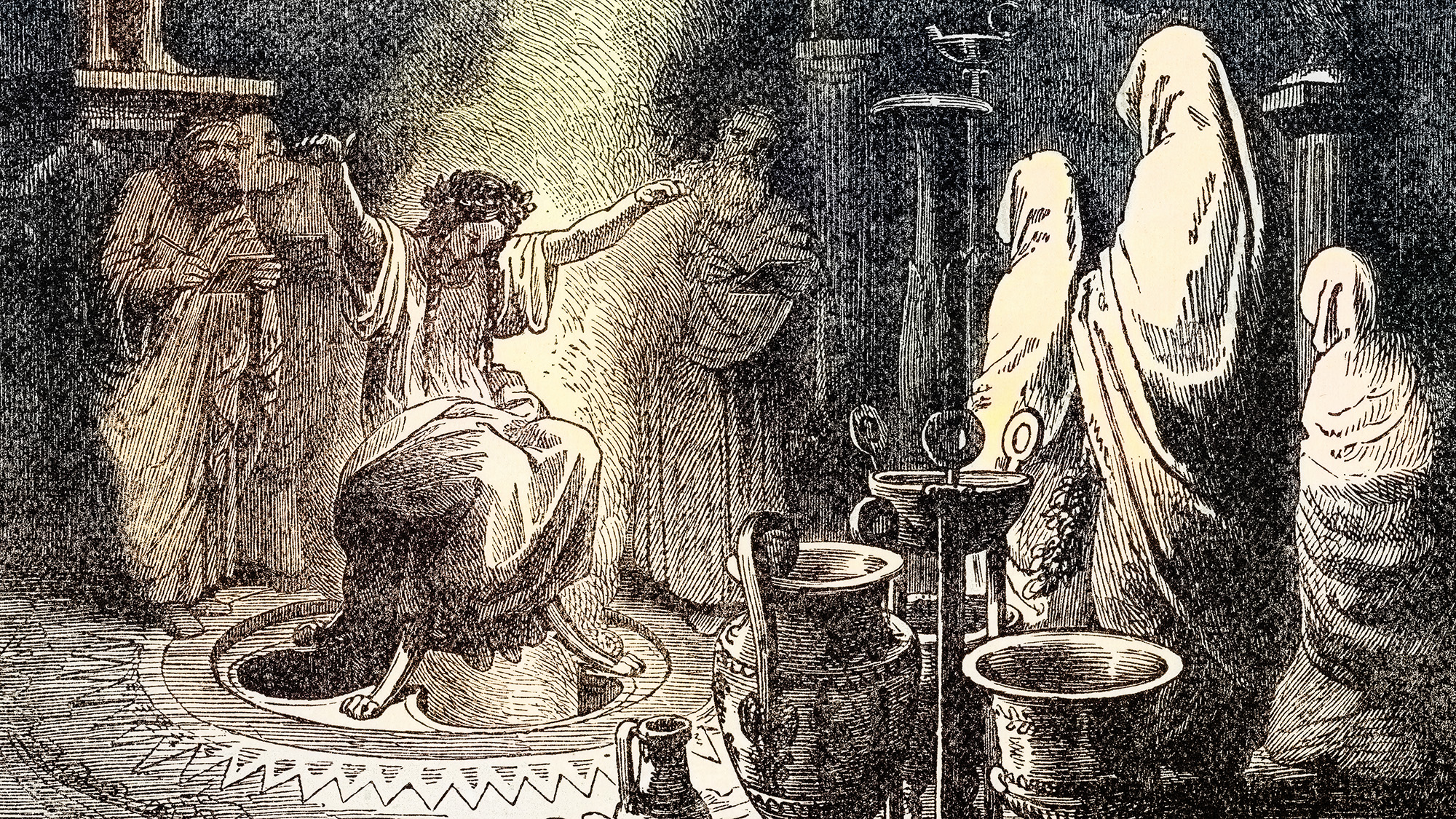 A drawing of a woman wearing a toga surrounded by other people in togas