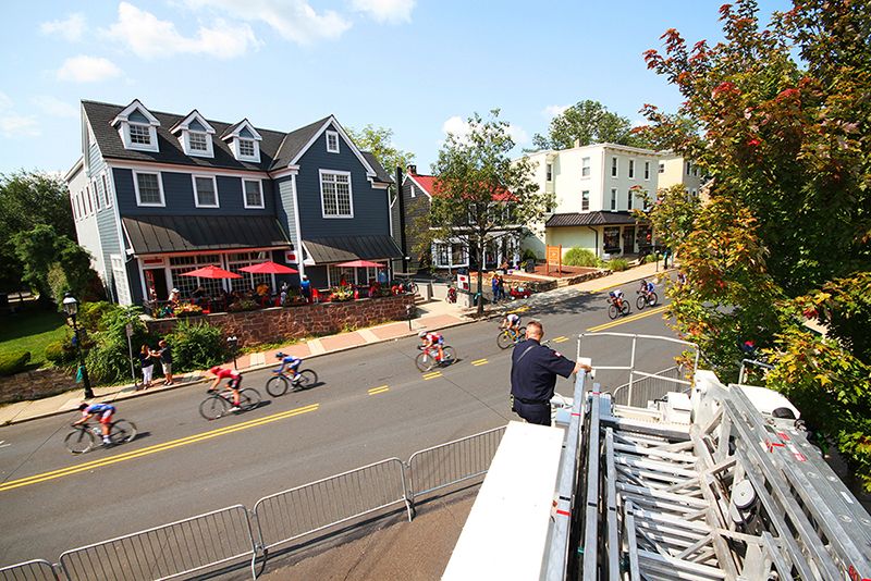 Firemen as well as Law enforcement officers provided Race support- as well as a better vantage point of the riders strung out through Doylestown.