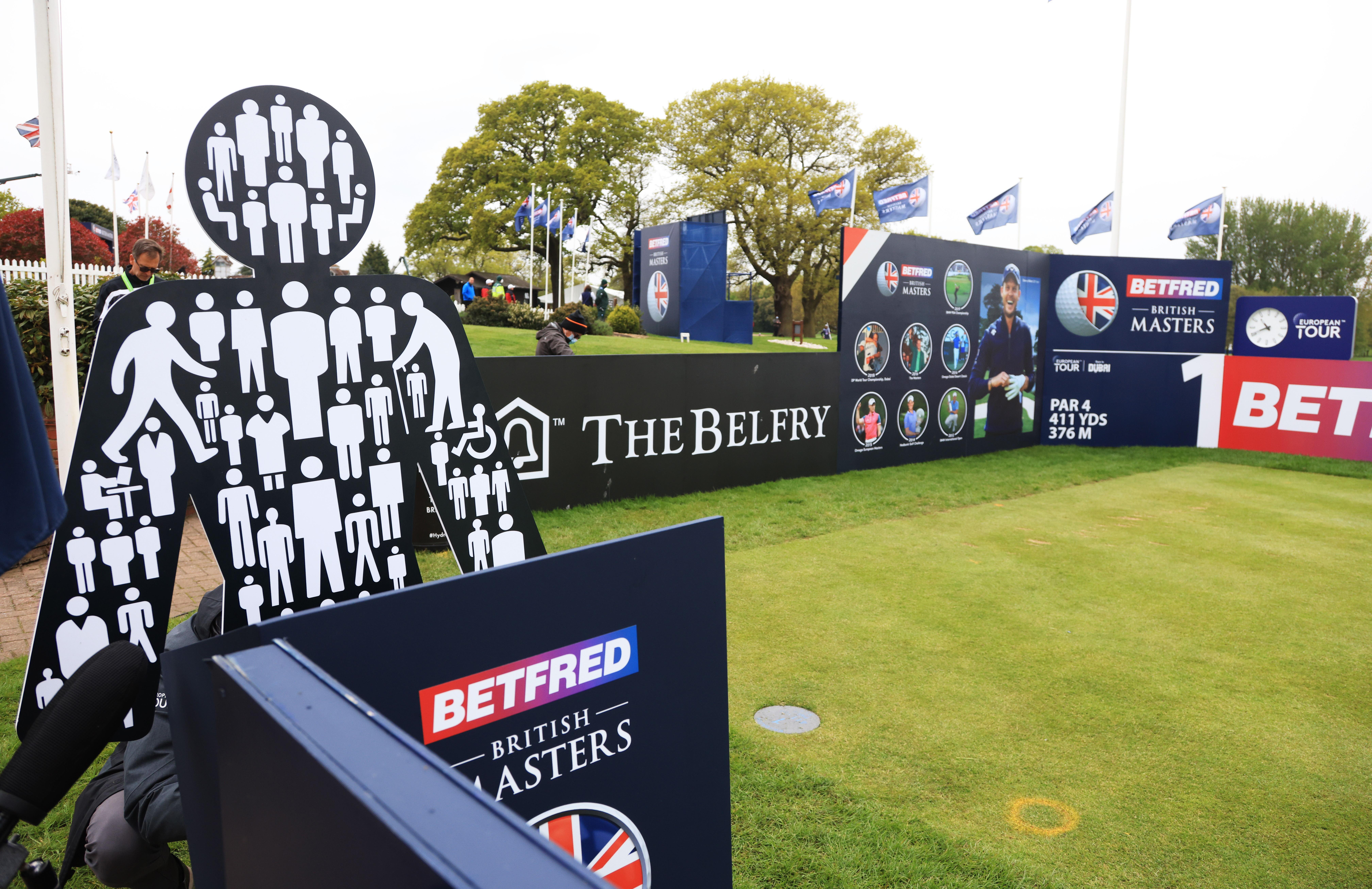 A Prostate Cancer UK logo cutout is displayed in the starters' position on the first tee during the Second Round of The Betfred British Masters hosted by Danny Willett at The Belfry