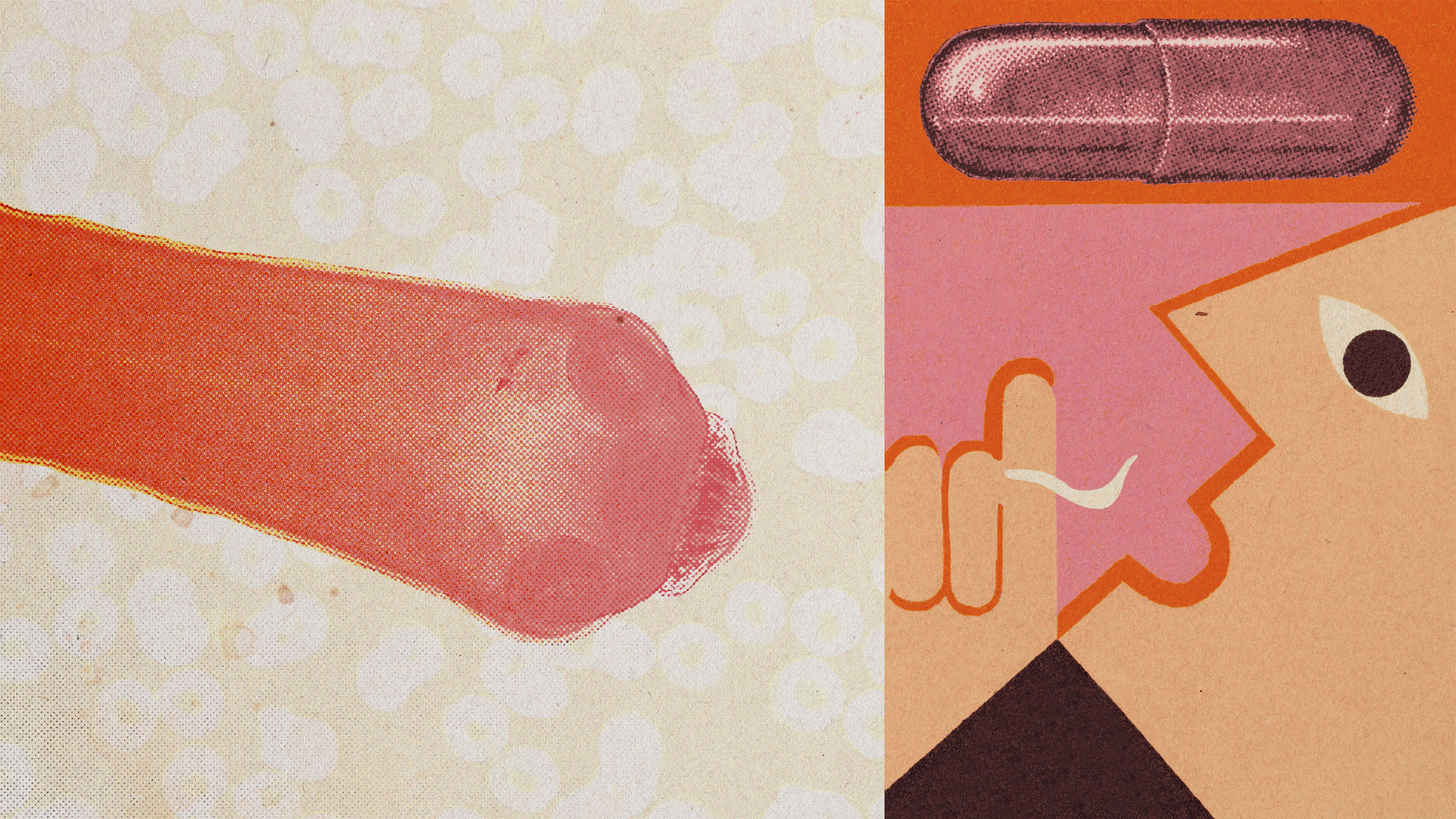 Photo collage of a micrograph of a tapeworm, a pill, and an abstracted illustration of man swallowing a small worm