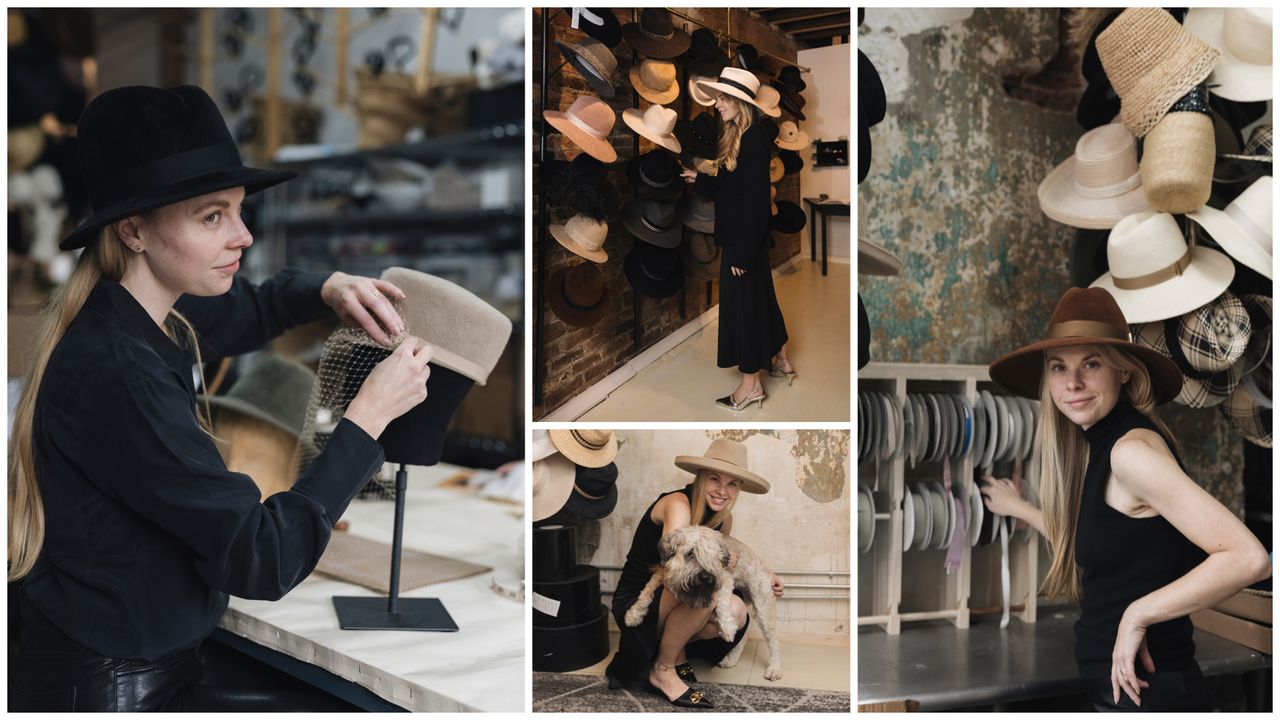 A collage of hat-maker Gigi Burris and her hats