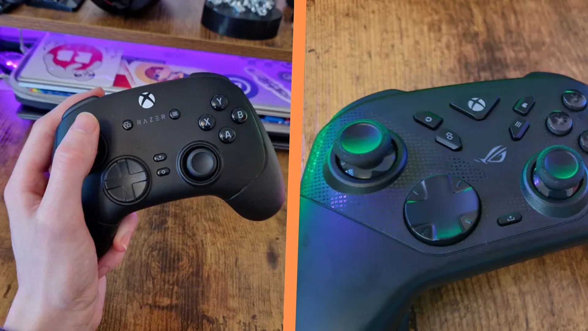 A side-by-side image of the Razer Wolverine V3 Pro and the Asus ROG Raikiri 2