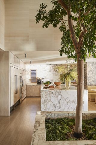 Kelly Wearstler marble kitchen in her Malibu home