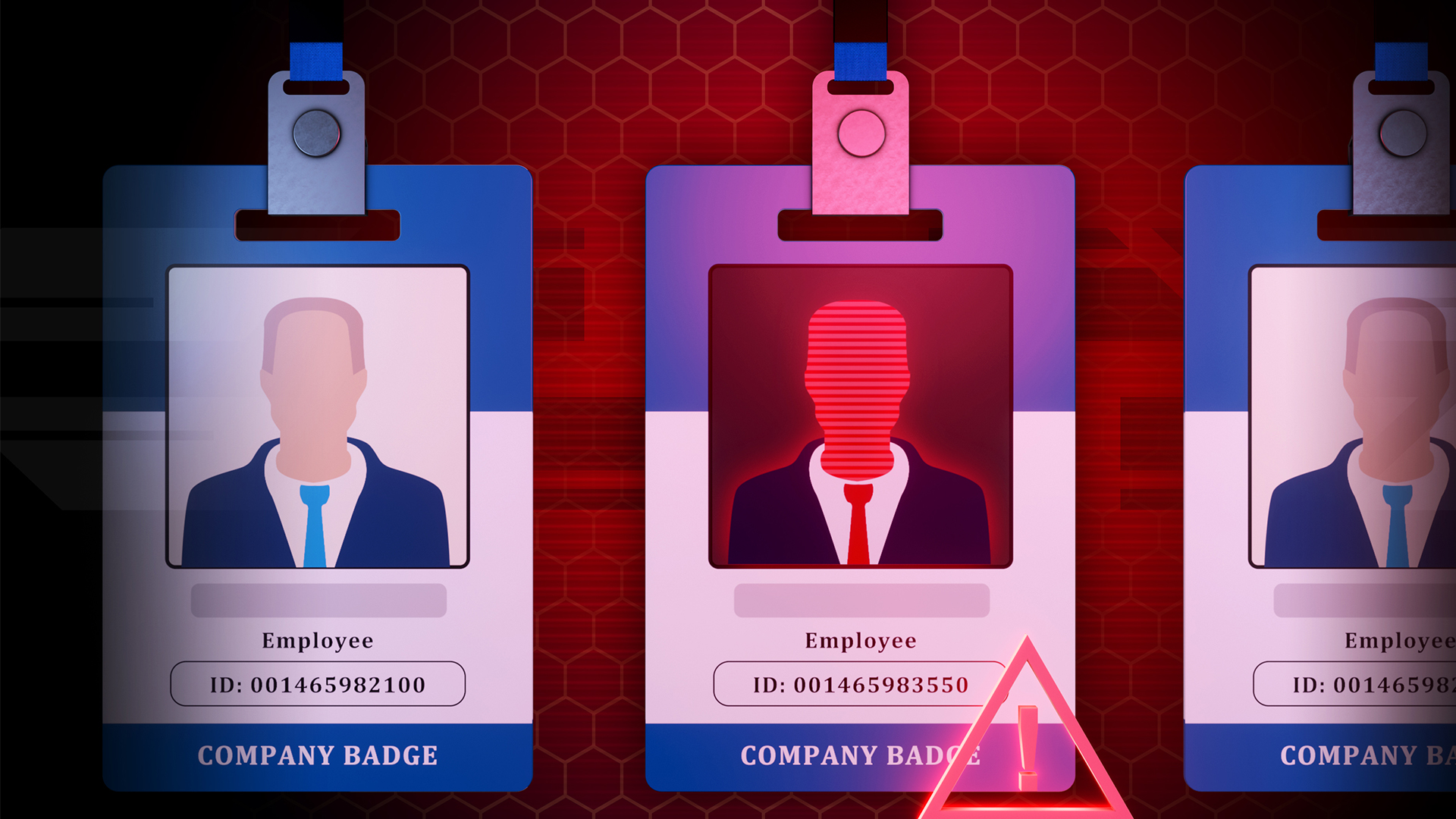 Insider threat concept image showing three company employee badges, with one glowing red with a warning sign.