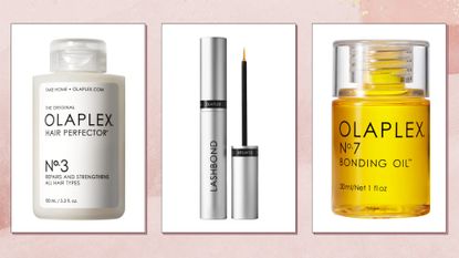 Collage of Olaplex products (L-R) No.3 Hair Perfector, Lashbond Eyelash Serum, No.7 Bonding Oil, on a pink background