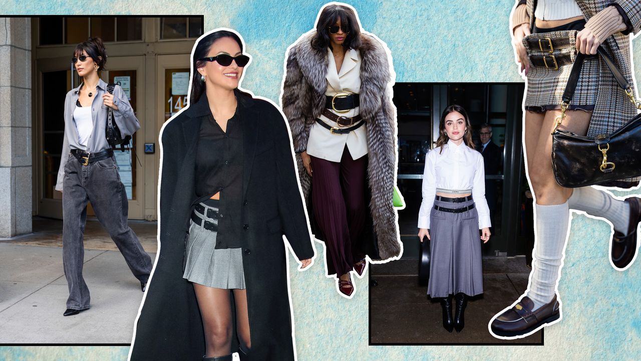 A collage of Bella Hadid, Camila Mendes, Lucy Hale, and women in fashion week street style wearing double belts.