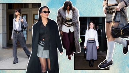 A collage of Bella Hadid, Camila Mendes, and a fashion week guest wearing the double belt trend.