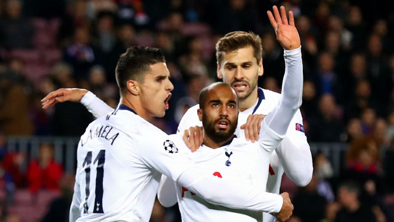 Tottenham forward Lucas Moura celebrates his goal against Barcelona at the Camp Nou