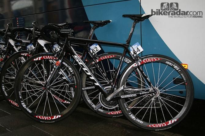 Thomas L&ouml;vkvist&rsquo;s (IAM) Scott Addict with DT Swiss RRC 46 tubular wheels was one of the stealthier bikes at the Tour of Britain