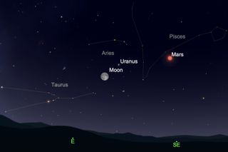This sky map shows where to find the Blue Moon on the evening of Oct. 31, 2020, along with the planet Uranus.