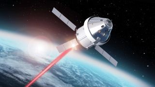 the orion spacecraft beams a red laser down to Earth