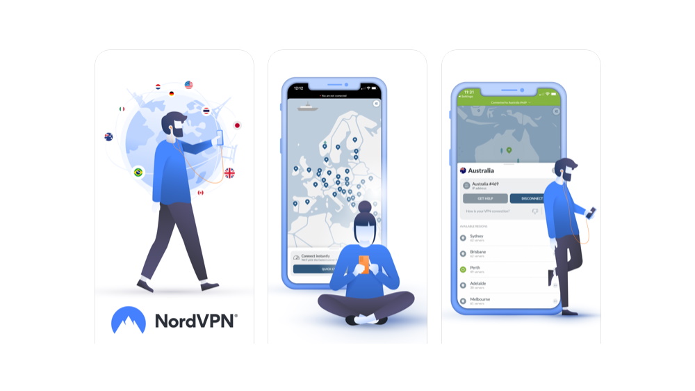 Skjermbilder av NordVPN som kjøres på iPhone.