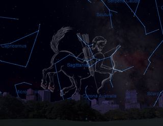 The stars of the contellation Sagittarius are visible low on the southern horizon as shown here at 8:30 pm local time for observers in mid-northern latitudes.