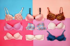 Set of different bras on multicolored background demonstrating the different design options of a custom bra